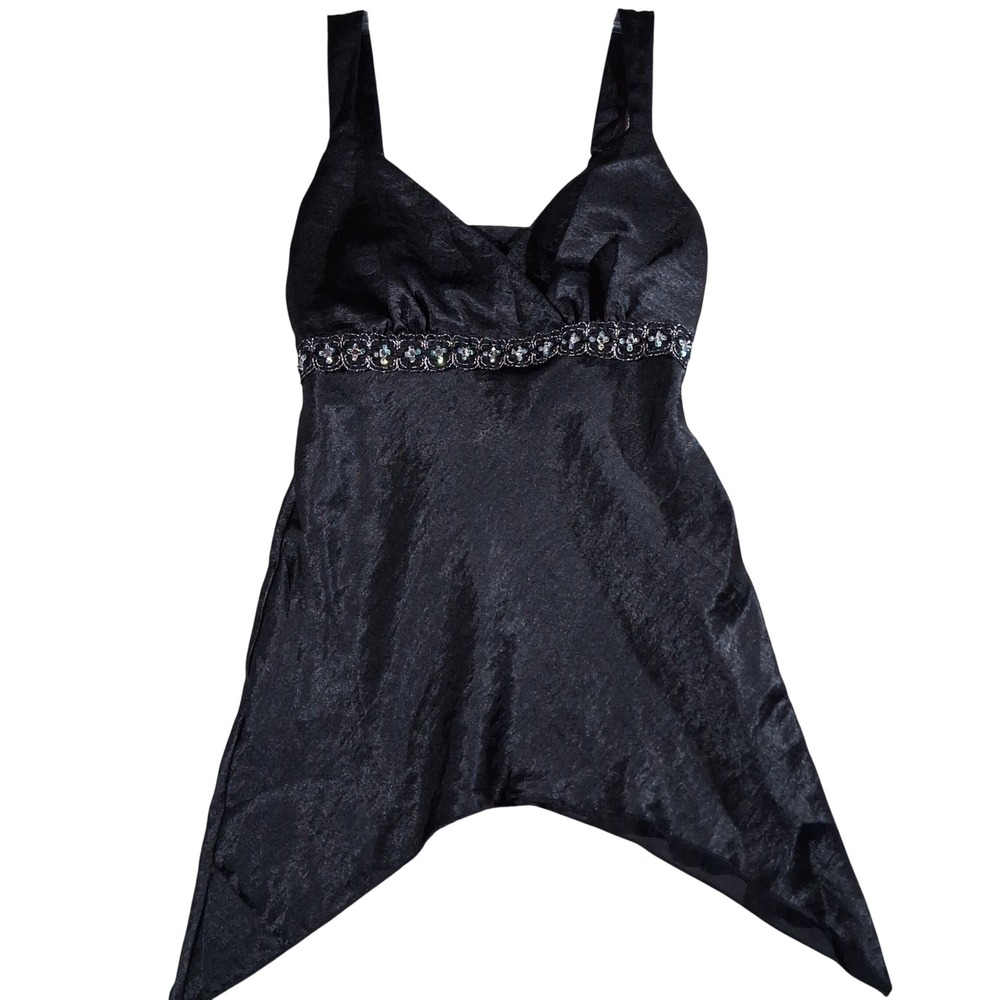 Satin Handkerchief Hem Camisole Top Blk Beaded Empire Waist Y2K Style Whimsigoth
